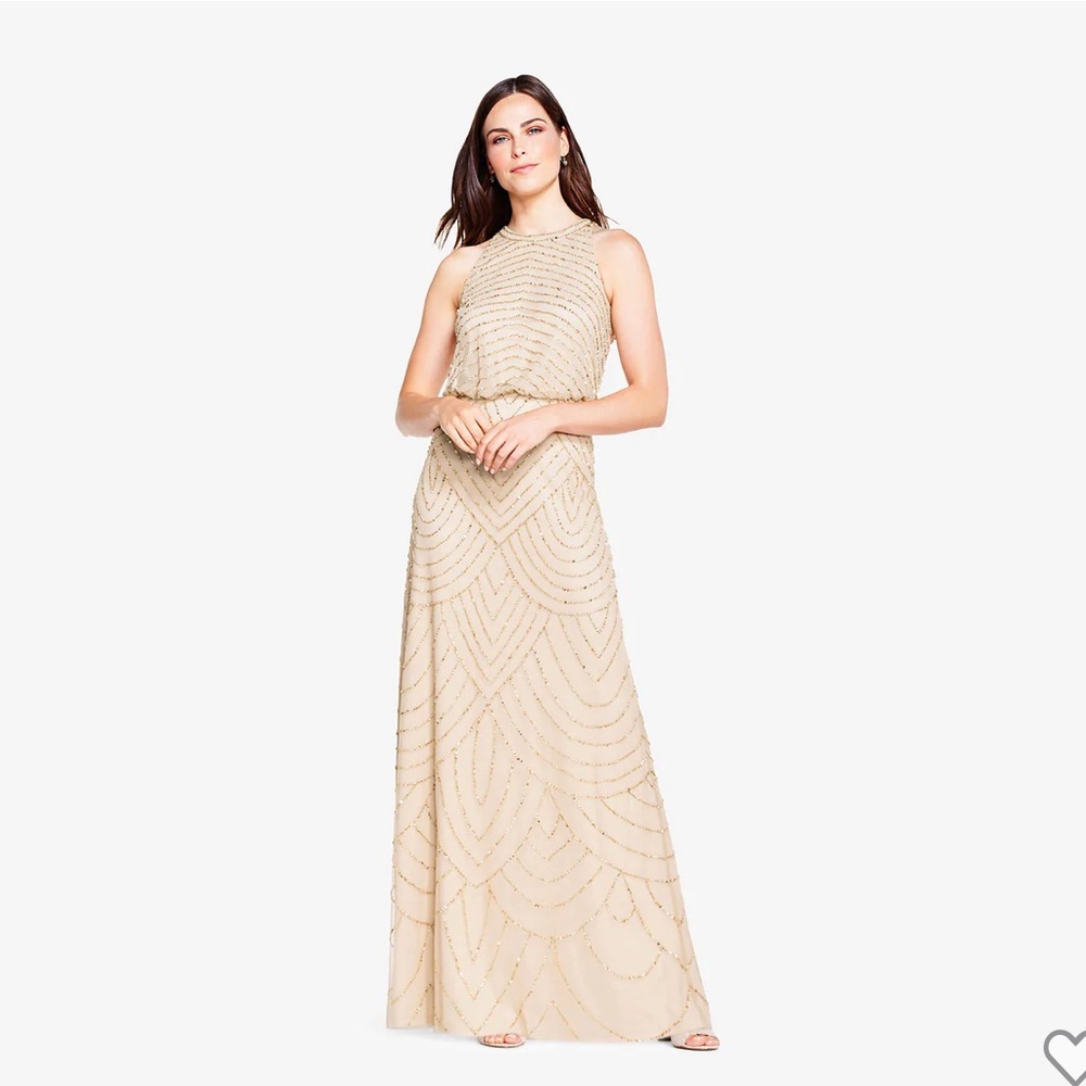 Adrianna Papell Art Deco Beaded Blouson Dress w/ Halter Neckline Champagne Gold